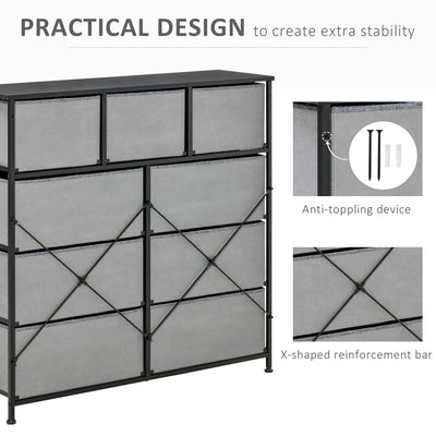 HOMCOM Nine Drawer Fabric Dresser - Grey 
