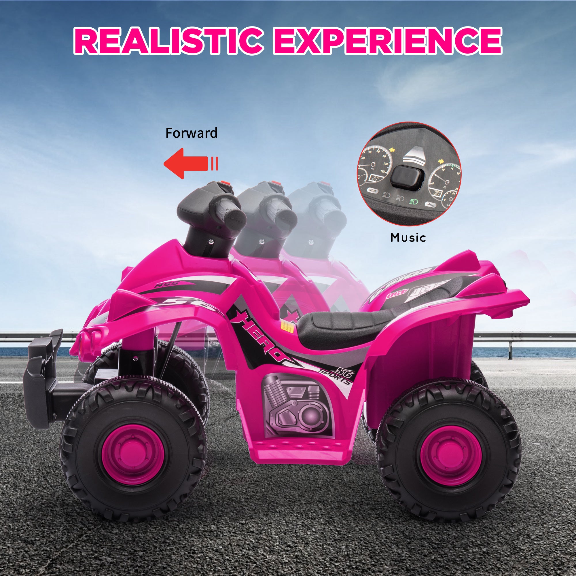 AIYAPLAY 6V Kids Electric Quad Bike w/ Music, Forward Function, for 2-6 Years, Pink 