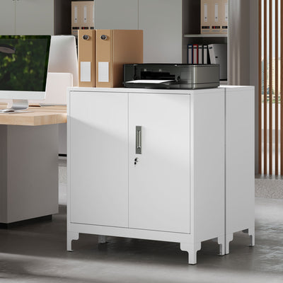 HOMCOM Lockable Metal Filing Cabinet, 2-Tier Storage Cupboard with Double Doors, Modern Office Organiser, White 