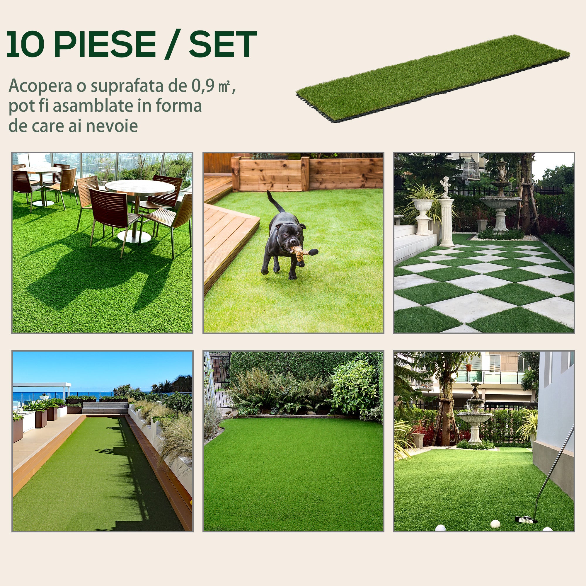 Outsunny 10-Piece Artificial Grass Set, Weatherproof Turf Tiles, 25mm Pile Height, Outdoor Carpet for Garden, Balcony & Patio, 30 x 30cm, Dark Green 
