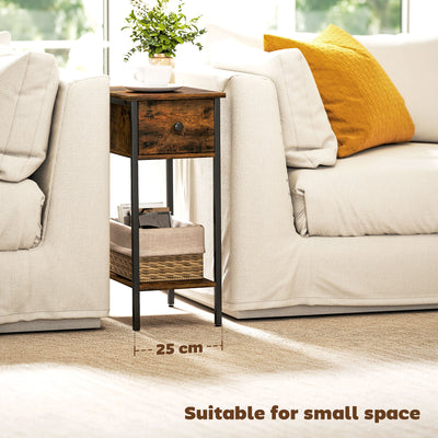 HOMCOM Narrow Side Table with Drawer and Storage Shelf - Rustic Brown 