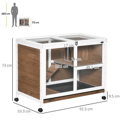 PawHut Wooden Rabbit Hutch, Bunny Cage w/ Tray, Ramp, Openable Roof, Wheels, 91.5 x 53.3 x 73cm - Brown 