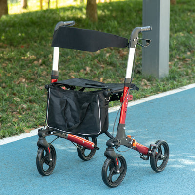 HOMCOM Folding Rollator Walker with Seat and Backrest, Lightweight Walking Frame with Detachable Storage Bag, Dual Brakes, Adjustable Handle Height, 4 Wheeled Walker for Seniors, Handicapped, Red 