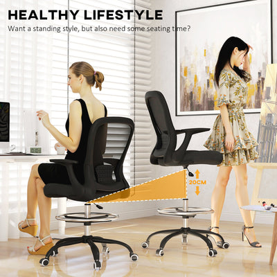 HOMCOM Draughtsman Chair, Mesh Drafting Chair, Ergonomic Office Chair with Flip-up Armrest, Adjustable Foot Ring, Black 
