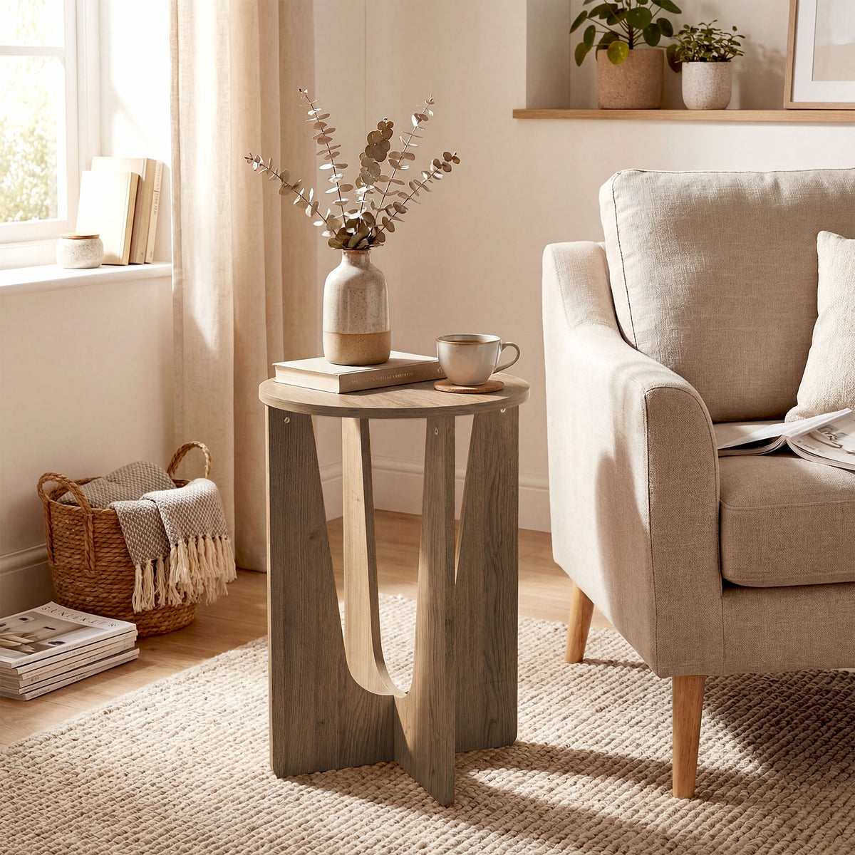 HOMCOM End Table Compact Round Side Table with Curved Legs in Coffee Wood Effect 