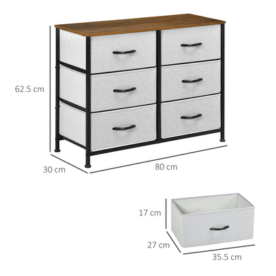 HOMCOM Fabric Chest of Drawers, Industrial Storage Bedroom Dresser with 6 Fabric Drawers, Steel Frame and Wooden Top for Nursery, Living Room, Hallway, Grey 