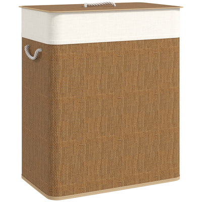 HOMCOM Double Laundry Basket with Lid, 100L Bamboo Laundry Hamper with Rope Handles, Washing Basket with Removable Liner for Bathroom, Bedroom, Brown 
