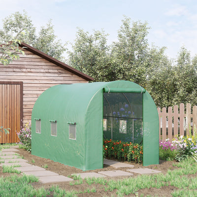 Outsunny 3.5 x 2m Walk-In Polytunnel Greenhouse, with Steel Frame, PE Cover, Roll-Up Door and 6 Windows, Green 