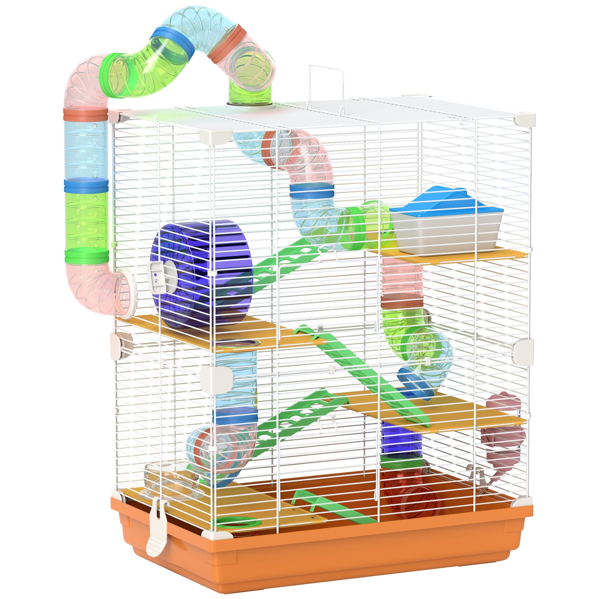 PawHut 5 Tier Hamster Cage Carrier Habitat w/ Exercise Wheels, Tunnel, Orange 