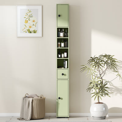kleankin 180cm Slim Bathroom Cabinet, with Drawer, Shelves and Cupboards - Green 