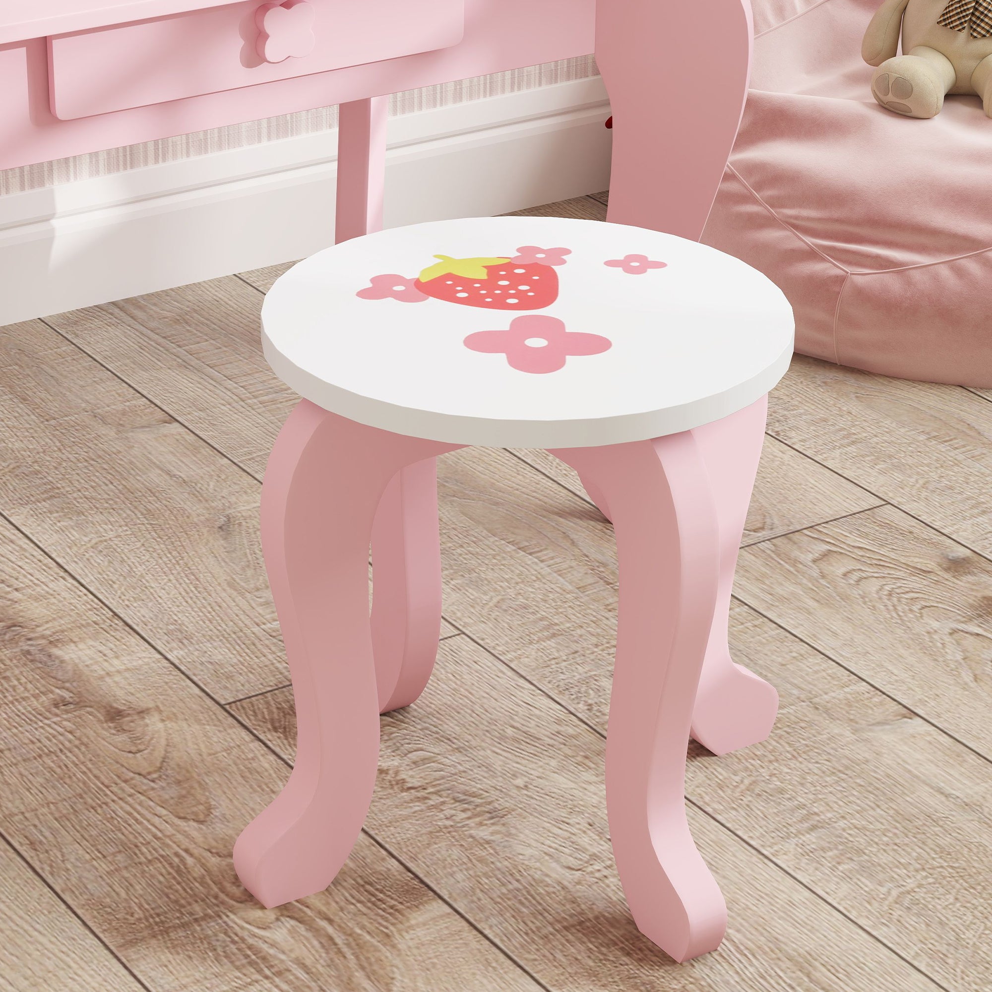 AIYAPLAY Kids Dressing Table Set, Vanity Table with Stool, Mirror, Drawer, Desktop Storage, Strawberry Theme, Pink