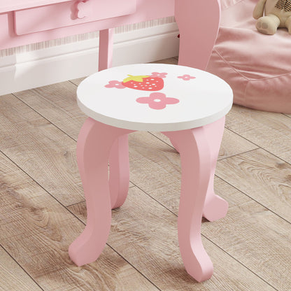 AIYAPLAY Kids Dressing Table Set, Vanity Table with Stool, Mirror, Drawer, Desktop Storage, Strawberry Theme, Pink