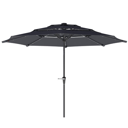 Outsunny 3-Tier Garden Parasol with Solar LED Lights, UPF 30+, Tilt Mechanism & Crank Handle, for Market Terrace, Dark Grey 