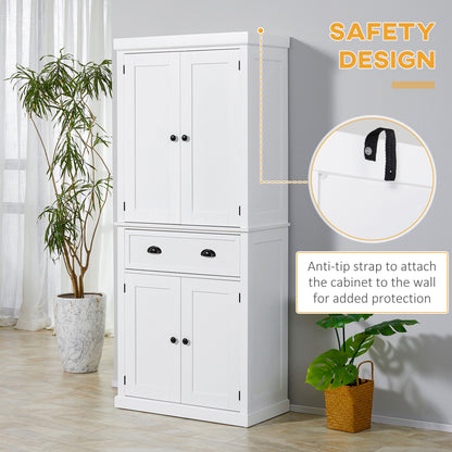 HOMCOM Freestanding Kitchen Cupboard, 184cm Tall Storage Cabinet with Doors and Shelves, Traditional Colonial 4-Door Kitchen Pantry Cupboard with Drawer, White 