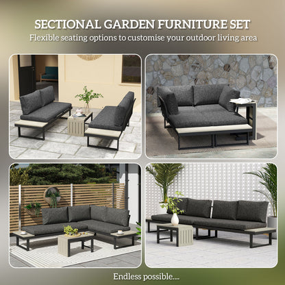 Outsunny 4 Seater L Shaped Aluminium Sectional Garden Furniture Set with 2 Loveseats and Wood-Plastic Coffee Table - Dark Grey 