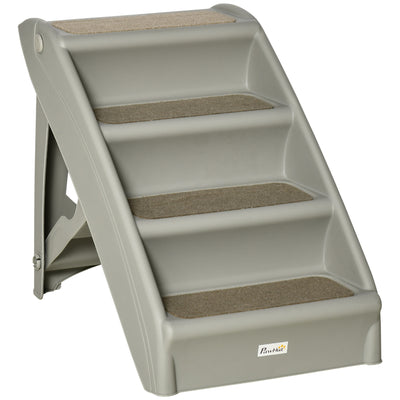 PawHut Foldable Four-Step Pet Stairs, for Cats, Small Miniature Dogs, with Non-Slip Mats 62 x 38 x 49.5cm - Grey 