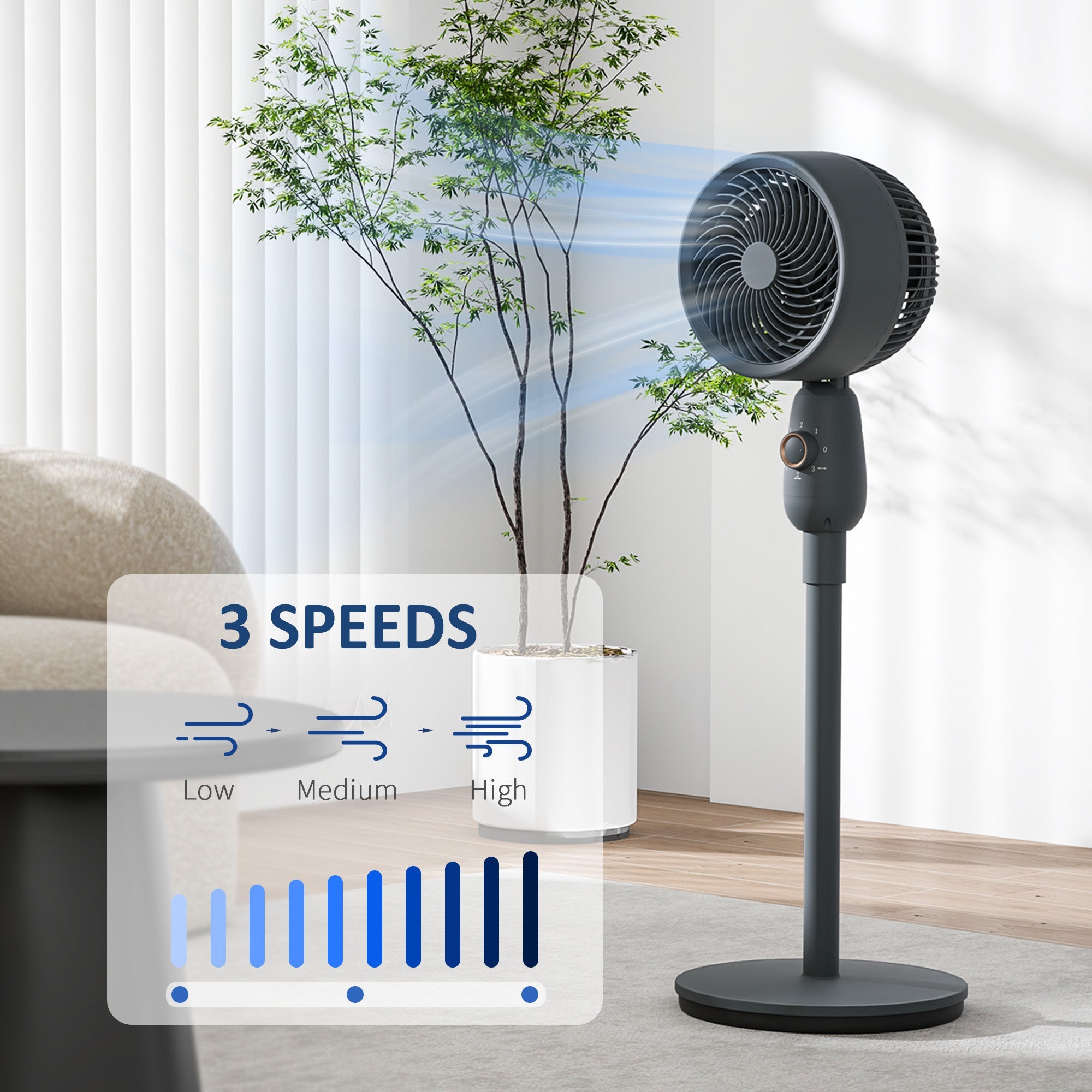 HOMCOM Pedestal Fan, Powerful Air Circulator, 12 Inch Floor Standing Fan with 3 Speed Settings, Oscillating Function for Bedroom, Home and Office, Grey 