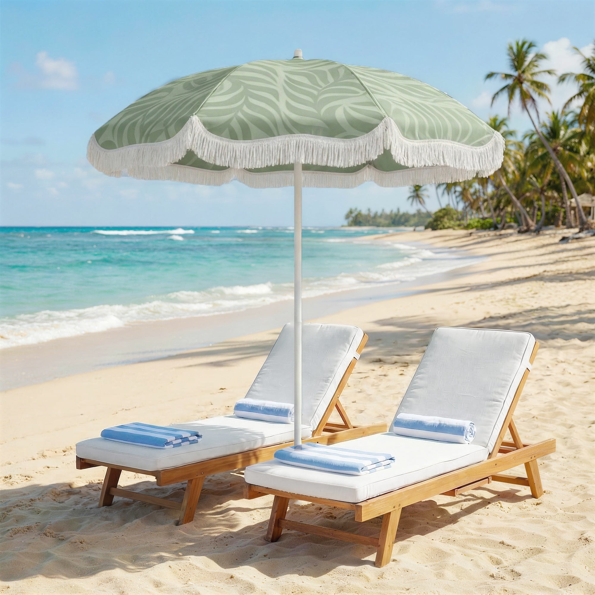 Outsunny 1.8 m Beach Umbrella Parasol with Sand Anchor, Portable Tilting Garden Parasol with Adjustable Height, Green 