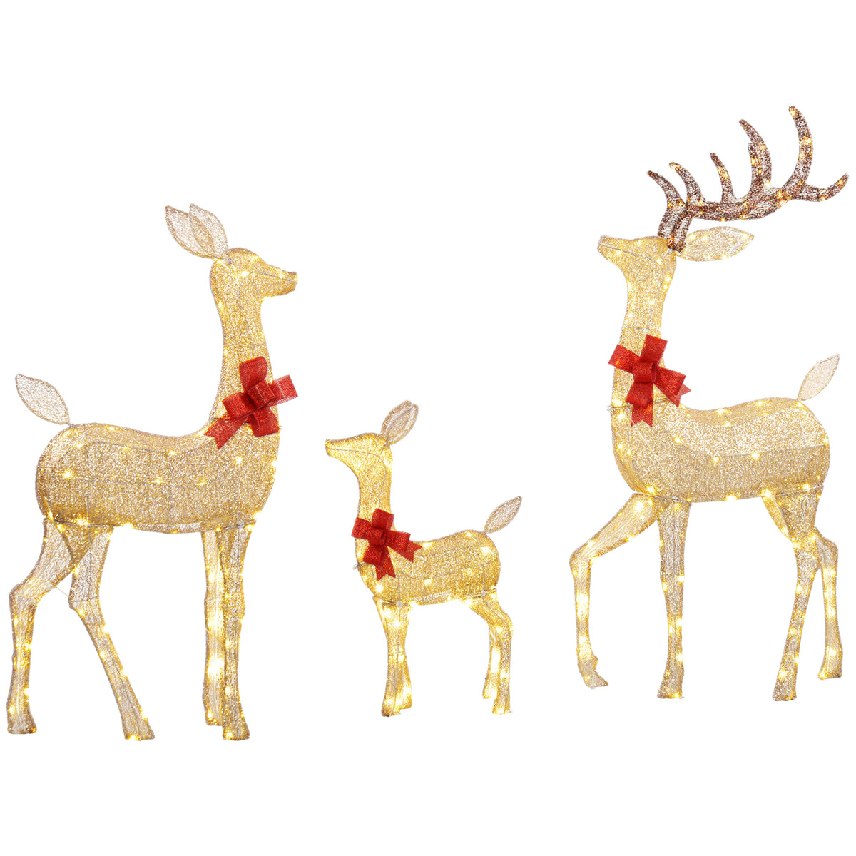 Outsunny Lighted Reindeer Christmas Decorations Outdoor, 3-Piece Light Up Deer Family Set of 3 with 283 LED Lights for Indoor, Lawn, Garden, Gold Tone 