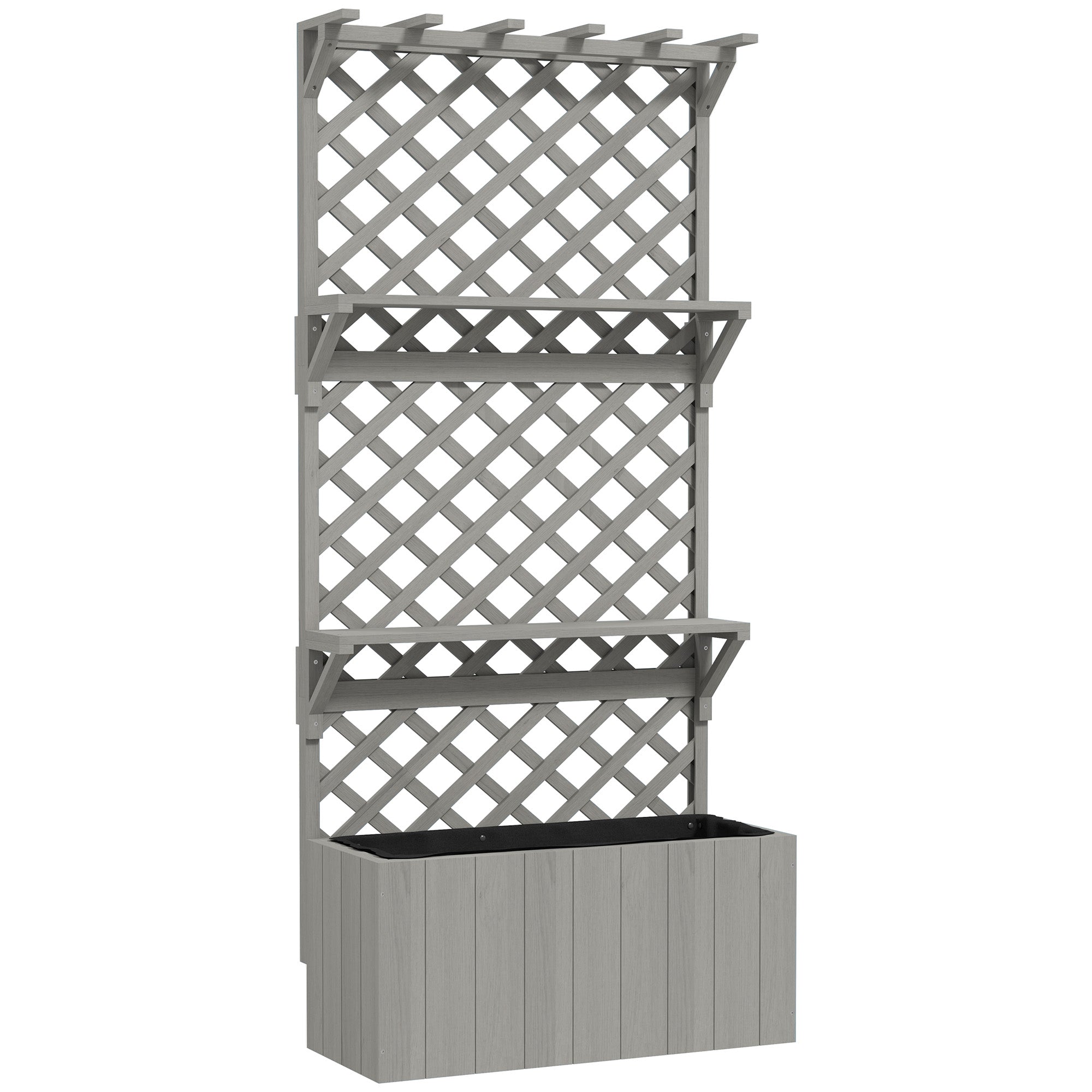 Outsunny 52L Wooden Planter, with Trellis and Shelves - Grey 