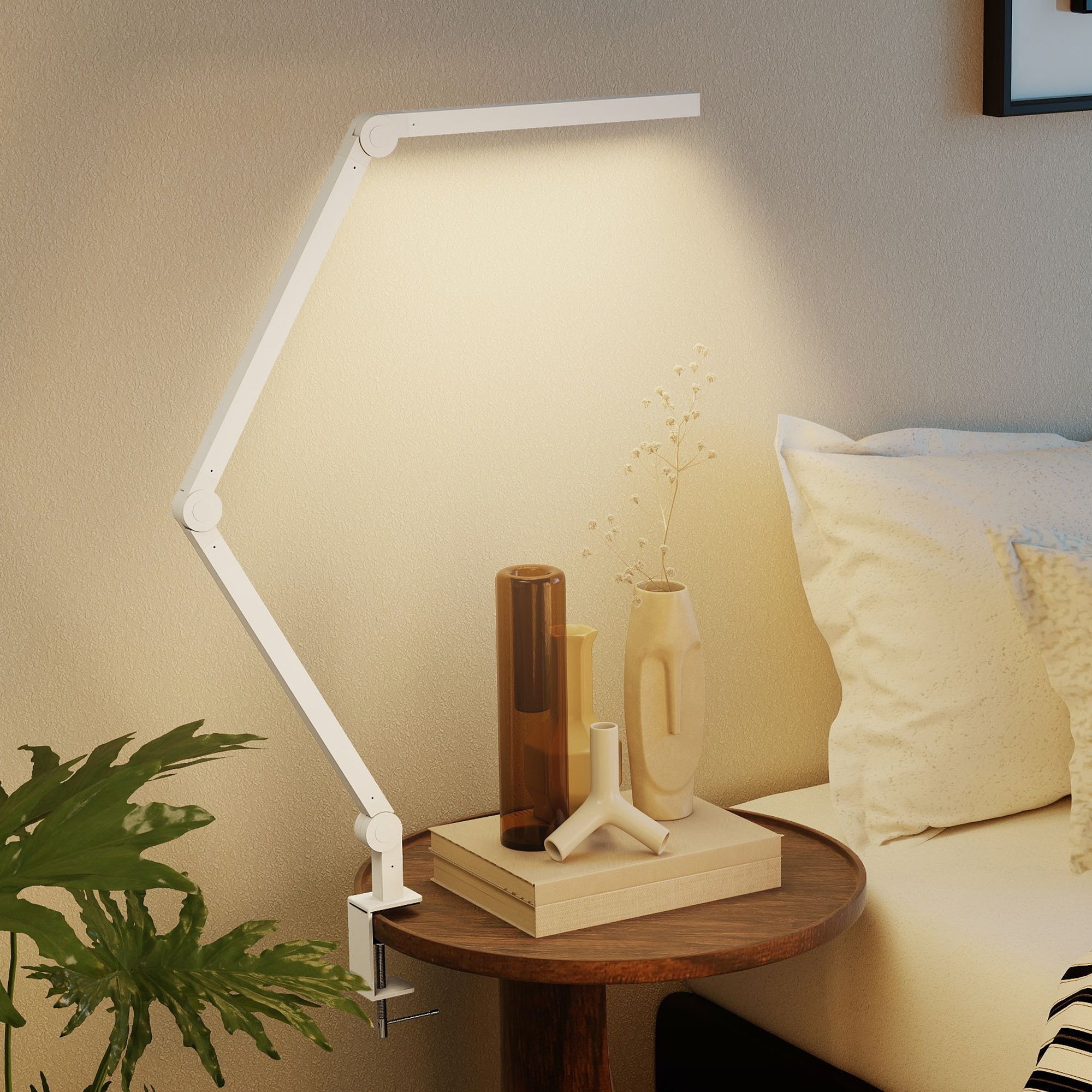 HOMCOM LED Desk Lamp, Dimmable Desk Light with Swing Arm and Clamp, Adjustable Eye-Caring Table Lamp with 2 Colour Modes & 5 Brightness Levels for Study, Drawing, Office, Architect, Task, White 