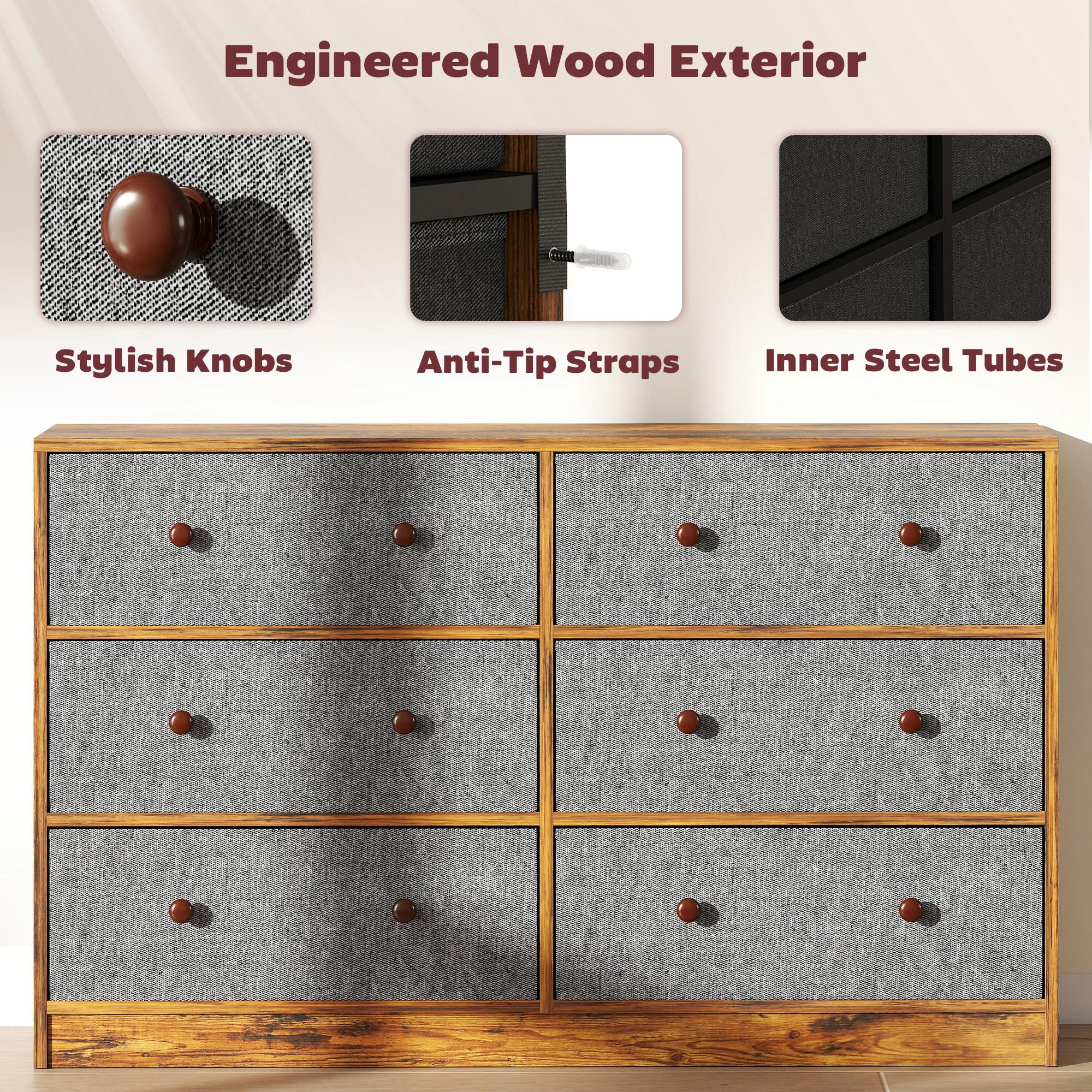 HOMCOM Chest of Drawers, Dresser with 6 Fabric Drawers - Grey and Rustic Brown