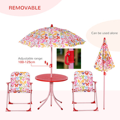 Outsunny Kids Outdoor Bistro Table and Chair Set Butterfly Pattern Garden Patio Backyard with Removable & Height Adjustable Parasol 
