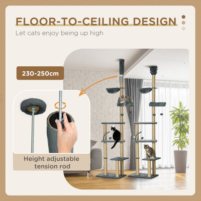 PawHut Floor to Ceiling Cat Tree for Indoor Cats, 6-Tier Play Tower Climbing Activity Center with Scratching Post, Platforms, Bed, Hammock, Adjustable Height 230-250cm, Grey 