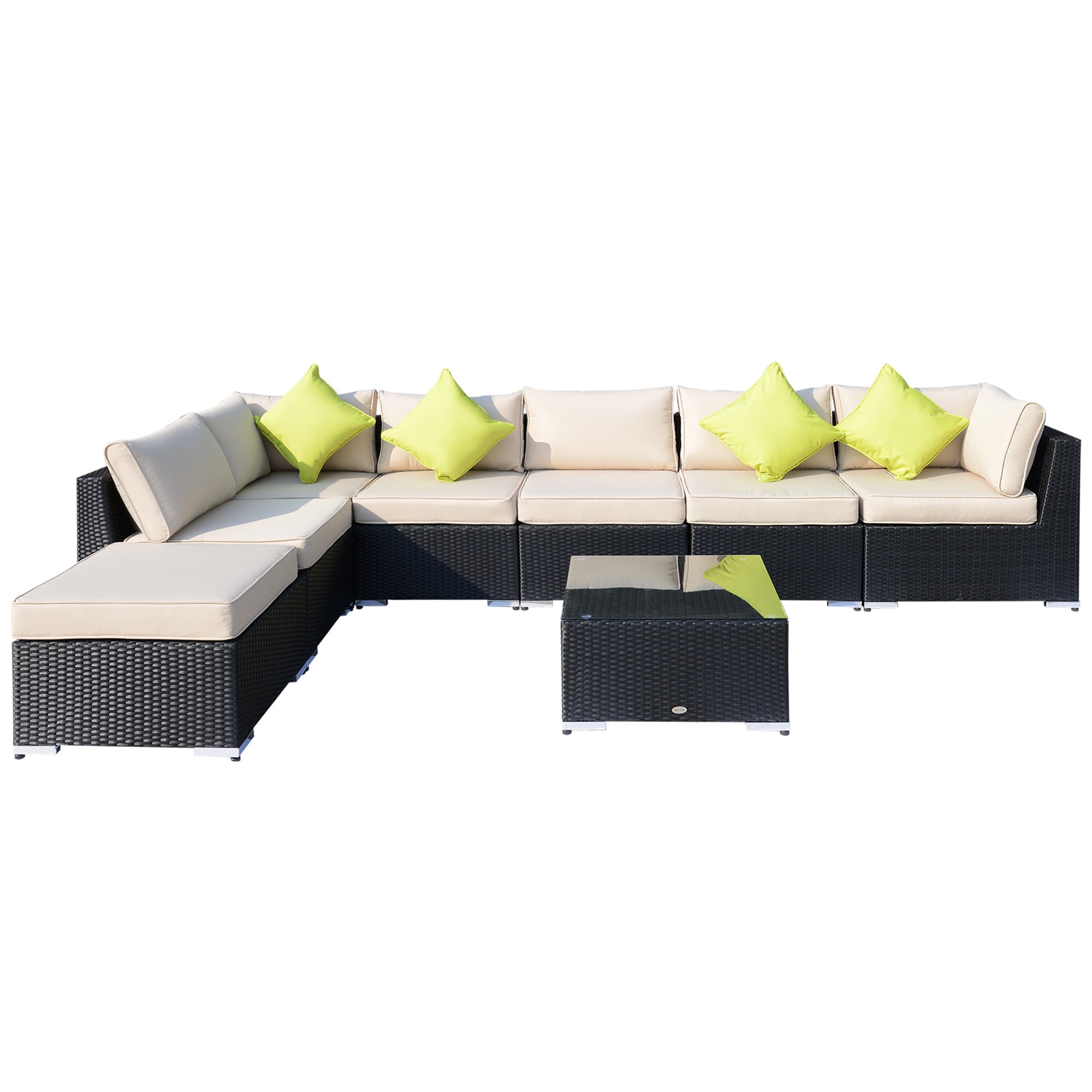 Outsunny 8 Pieces PE Rattan Corner Sofa Set with Thick Cushions, Aluminium Outdoor Rattan Garden Furniture Set with Glass Top Table, No Assembly Required, Black 