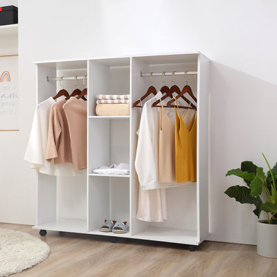 HOMCOM Open Wardrobe Double Mobile Storage Shelves Organizer W/6 Wheels-White 