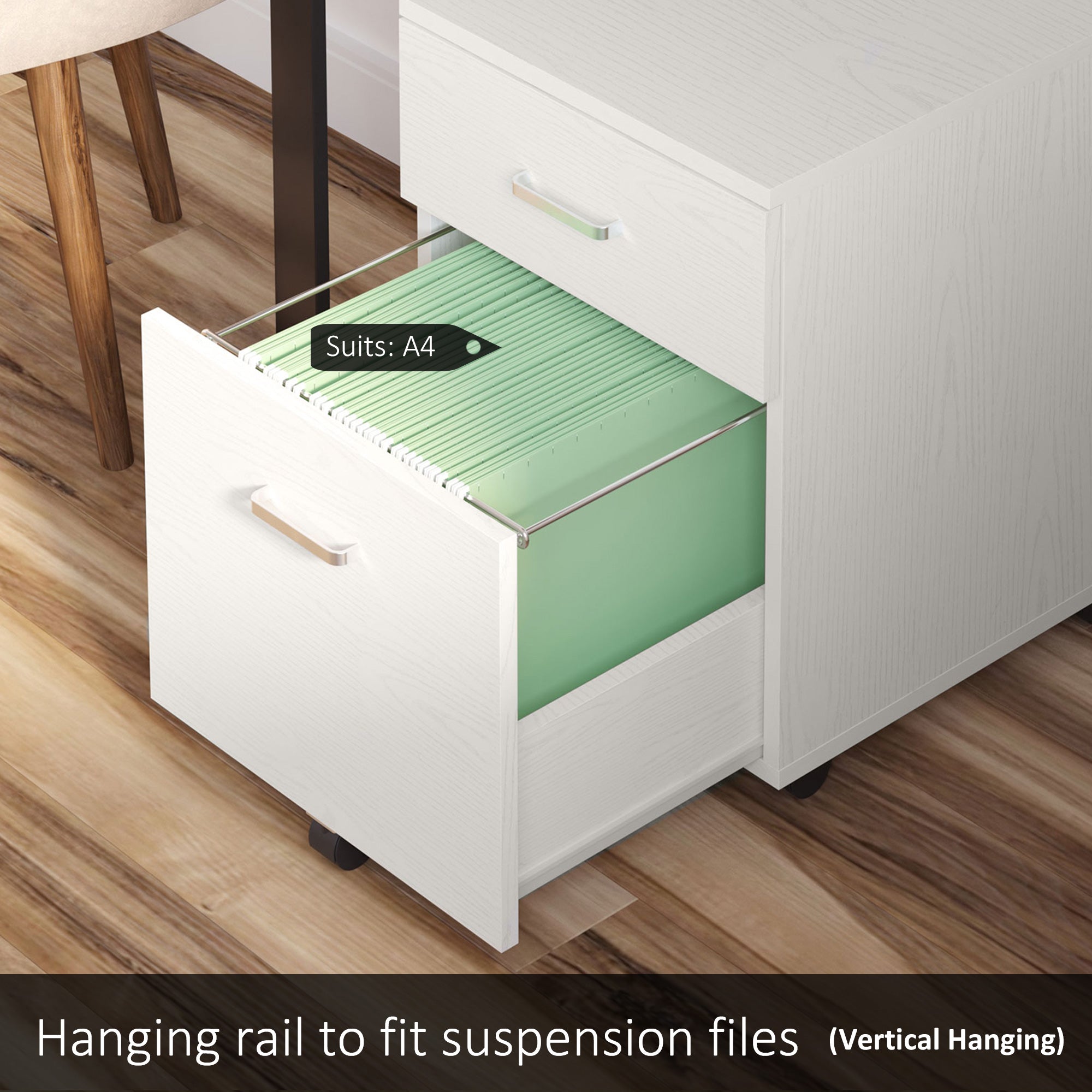 Vinsetto 2-Drawer Locking Office Filing Cabinet w/ 5 Wheels Rolling Storage Hanging Legal Letter Files Cupboard Home Organisation White Wood Grain 