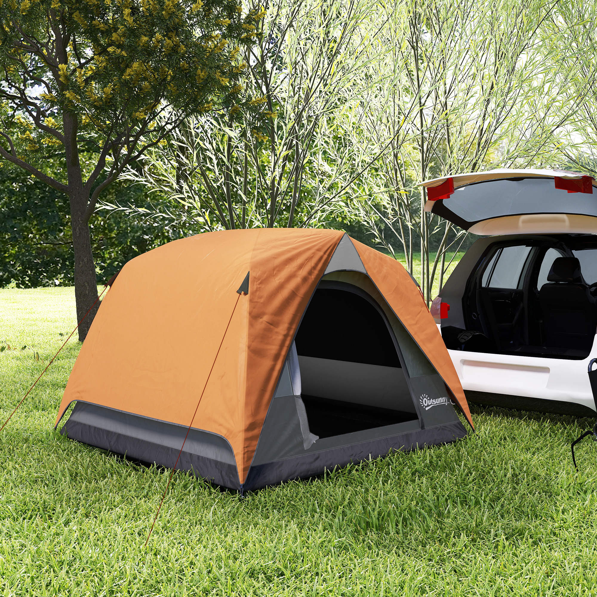 Outsunny 3-4 Person Camping Tent, Easy Set Up Waterproof Dome Tent with Sewn-in Groundsheet, Mesh Windows, Pocket and Hook for Camping, Hiking, Backpacking, Orange and Grey 