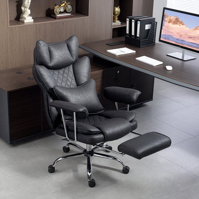HOMCOM Leathaire Reclining Office Chair with Lumbar Support Pillow - Black 