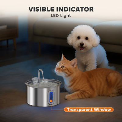 PawHut 2.5L Stainless Steel Cat Water Fountain for Drinking with Ultra-Silent Pump, Water-Level Window, Filters 