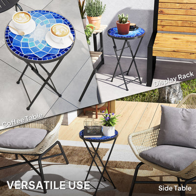 Outsunny Mosaic Outdoor Garden Table, 35.5cm Round Folding Coffee Table with Metal Frame for Balcony Terrace, Navy Blue 