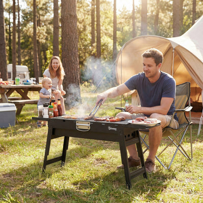 Outsunny Portable BBQ Grill, Foldable Charcoal Grill for Camping and Picnics with 2 Side Shelves and Handle, Black 