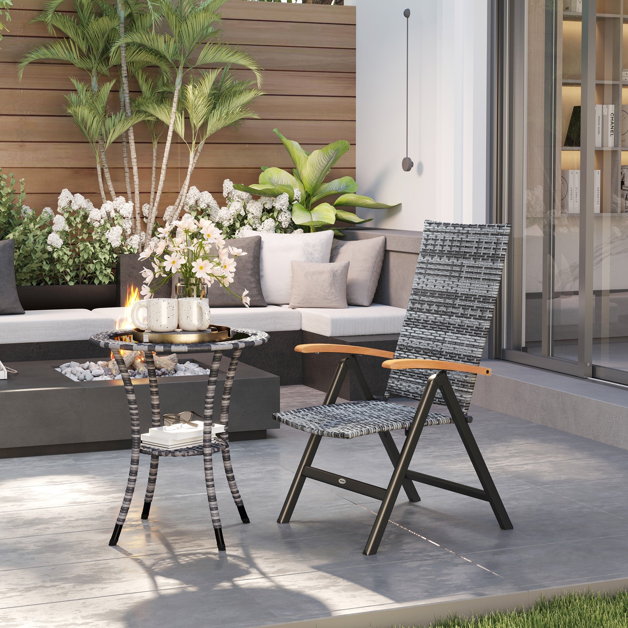 Outsunny Outdoor Folding Rattan Chair with Armrests, High Backrest, for Garden, Camping, Balcony, Porch - Light Grey 
