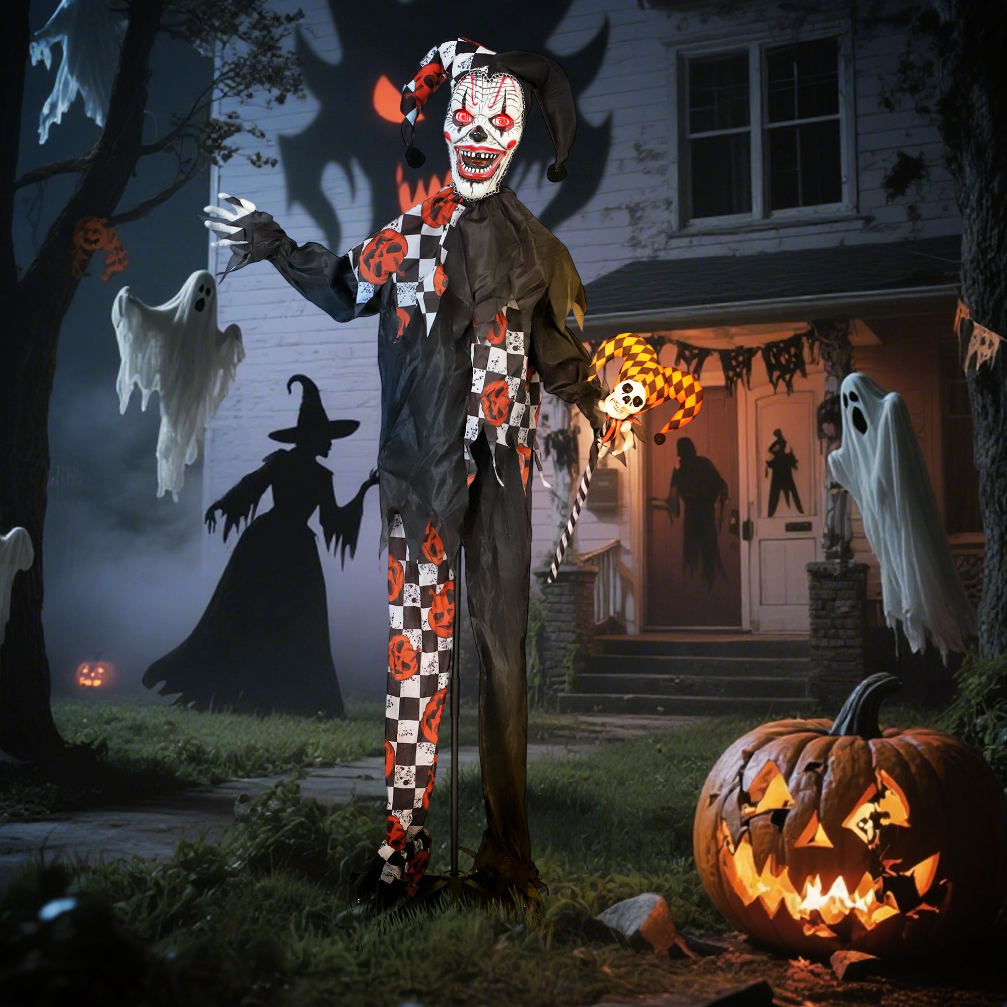 Outsunny 183 cm Life Size Halloween Animated Clown & Skull Staff with Red Light Up Eyes, Sound Activated Moving Arms & Head, Scary Clown Halloween Decorations, Battery Operated, Indoor Party Props