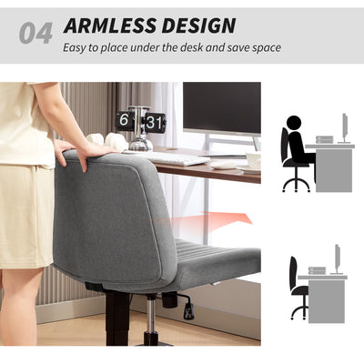 HOMCOM Armless Office Chair No Wheels, Linen Fabric Criss Cross Legged Desk Chair with Wide Seat, Thick Padding, Tilt Function, Height Adjustable Swivel Computer Seat for Home, Grey 