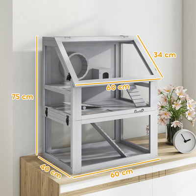 PawHut Wooden Hamster Cage with Detachable 32cm Deep Bottom, Hut, Seesaw, Exercise Wheel, Ramp, 60 x 40 x 75cm, Light Grey 