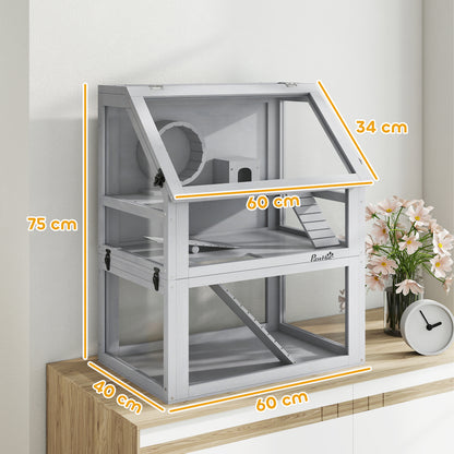 PawHut Wooden Hamster Cage with Detachable 32cm Deep Bottom, Hut, Seesaw, Exercise Wheel, Ramp, 60 x 40 x 75cm, Light Grey
