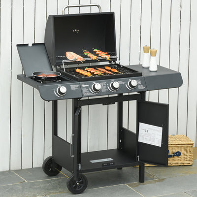 Outsunny 3+1 Burner Gas BBQ Grill, Outdoor Barbecue Trolley with Wheels, Warming Rack, Side Shelves, Cabinet, Thermometer for Garden, Party, Camping, 110L x 50W x 100Hcm, Black 