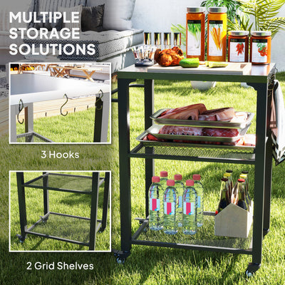 Outsunny Three-Shelf Outdoor Grill Cart with Stainless Steel Top, Outdoor Kitchen Island with 4 Wheels, 3 Hooks, Movable Food Prep Pizza Oven Table for Kitchen, Patio, Garden, 65.5 x 41 x 79 cm 