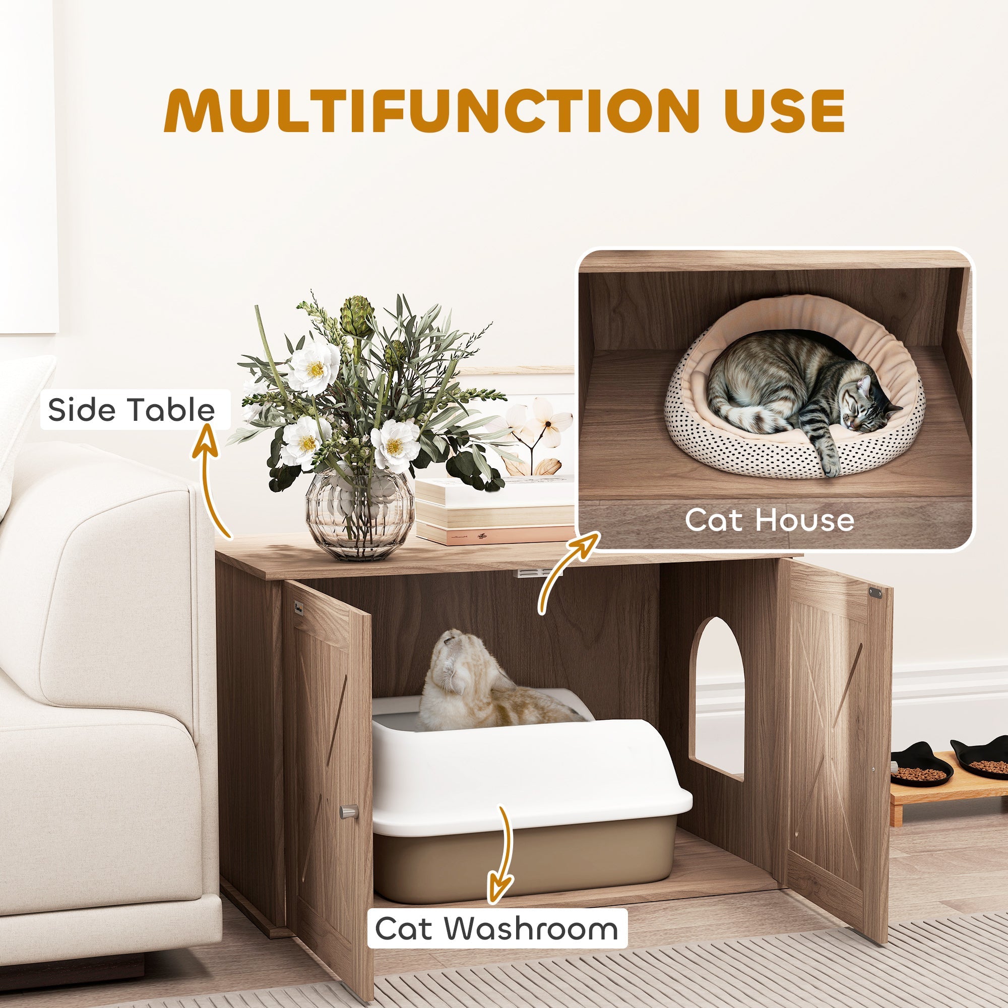 PawHut Cat Litter Box Enclosure with Double Doors and Side Entrance, Non-Slip Pads for Living Room, Walnut Brown 
