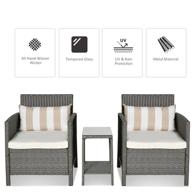 Outsunny 3 Pieces Rattan Bistro Set, Wicker Garden Furniture Set, Glass Top 2-tier Coffee Table and Chairs Set with Pillows and Washable Cushions for Outdoor, Patio, Balcony, Light Grey 