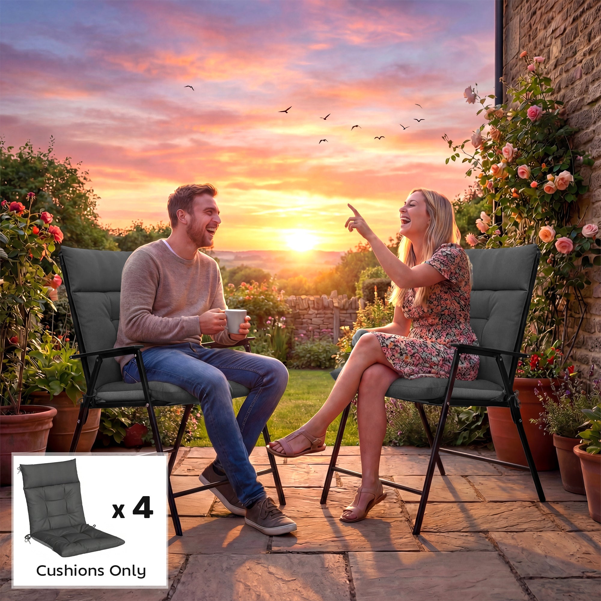 Outsunny Patio Chair Cushions Set of 4, Waterproof Non-Slip Lounge Chair Cushions, 112x53cm, Dark Grey 