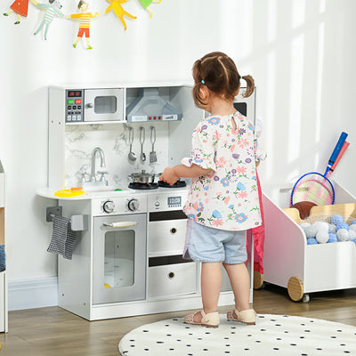 AIYAPLAY Toy Kitchen with Lights, Sounds, Apron and Chef Hat, Ice Maker, Microwave, for Ages 3-6 Years - White 