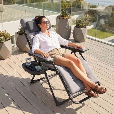 Outsunny Zero Gravity Chair, Folding Sun Lounger Reclining Garden Chair with Arm Pads, Cushion, Cup Holder, Headrest, Light Grey 