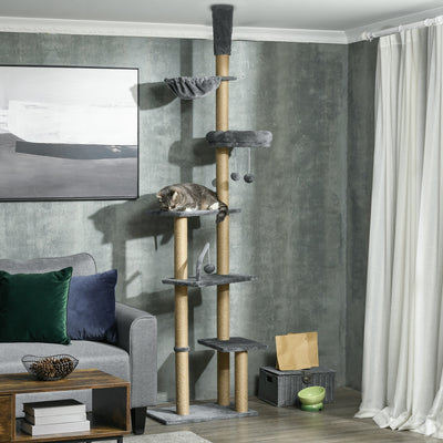 PawHut Floor to Ceiling Cat Tree for Indoor Cats, 6-Tier Play Tower Climbing Activity Center with Scratching Post, Platforms, Bed, Hammock, Adjustable Height 230-250cm, Grey 