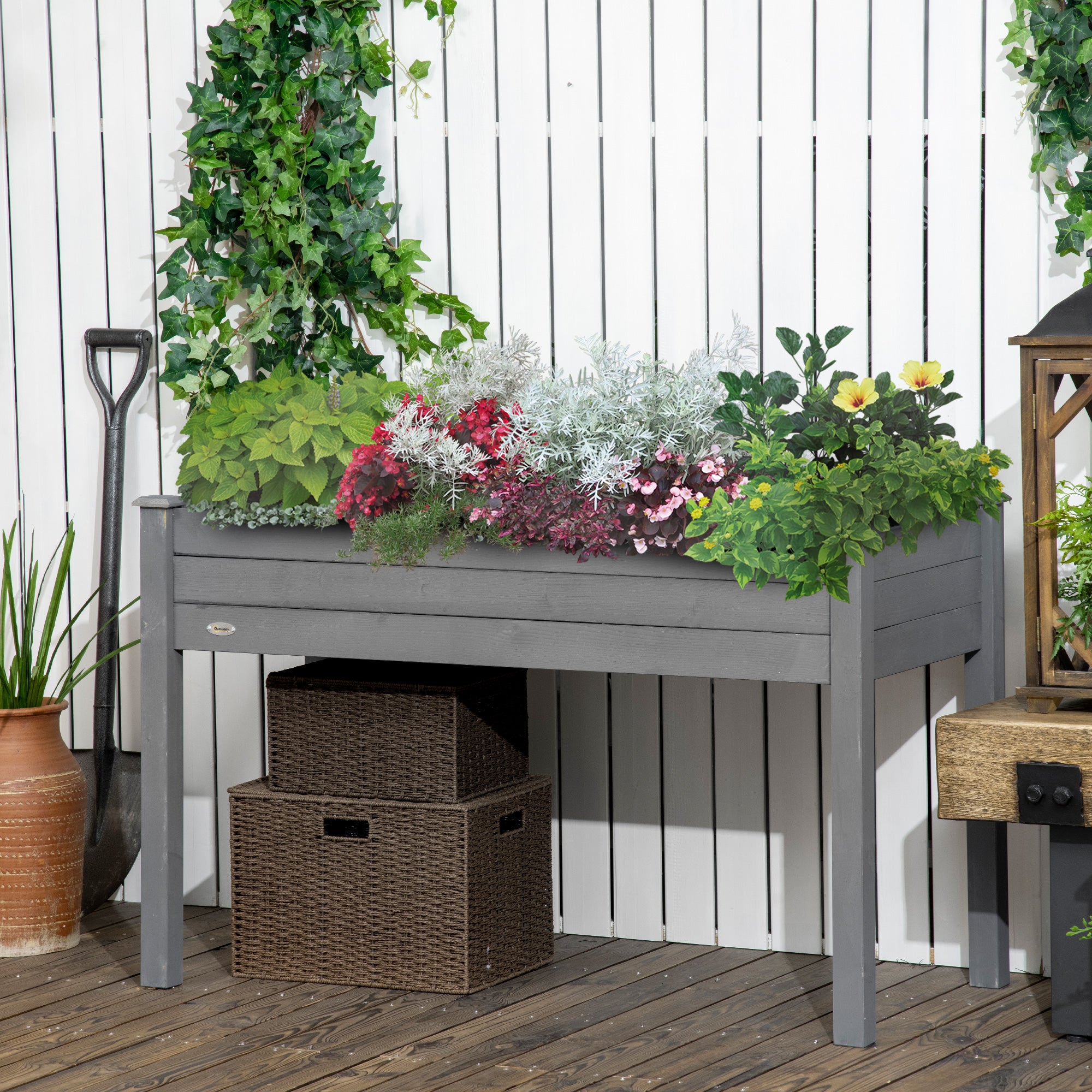 Outsunny Raised Bed for Garden, Wooden Elevated Planter Box with Bed Liner, for Flower Vegetable Herb, Dark Grey 